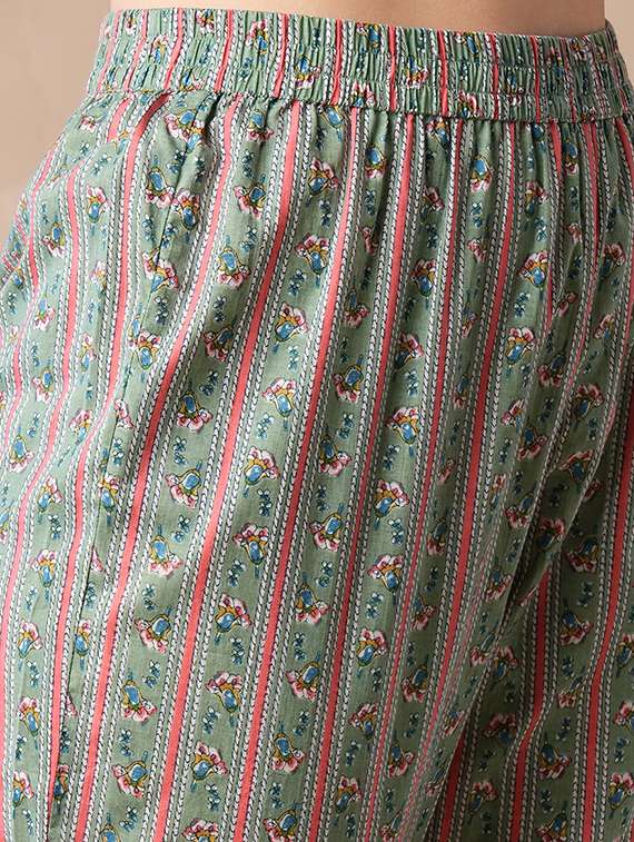 globus women green v-neck strappy shoulder mix & match floral print tiered fusion a-line kurta & pants set - 21463100 -  Standard Image - 5