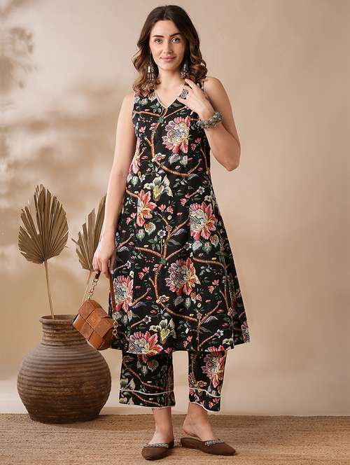 globus women black lace insert v-neck vibrant floral print a-line festive kurta & elasticated pants set - 21463101 -  Standard Image - 0
