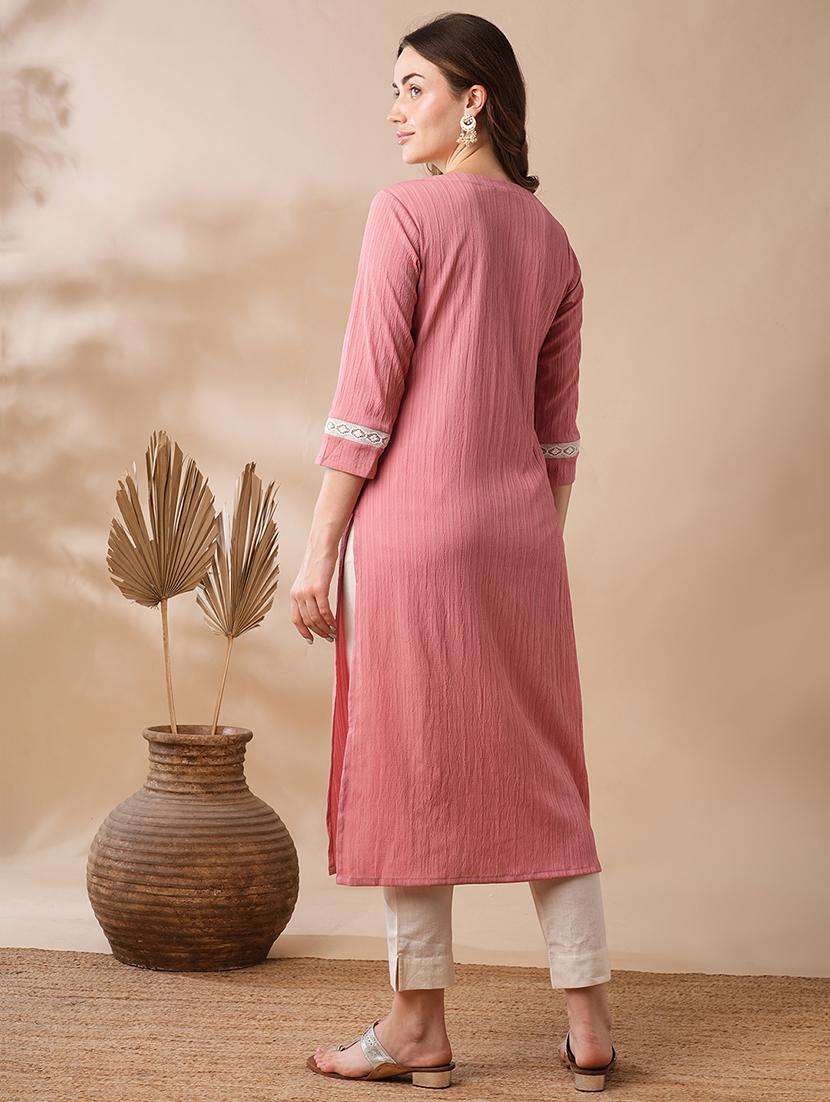 globus women pink sequinned & floral embroidered yoke structured fabric straight workwear kurta - 21463106 -  Standard Image - 3