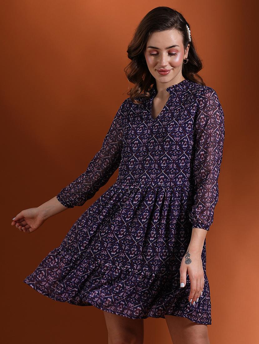 globus women blue allover tribal print v-neck fit & flare tiered mini dress - 21463113 - Zoom Image - 0