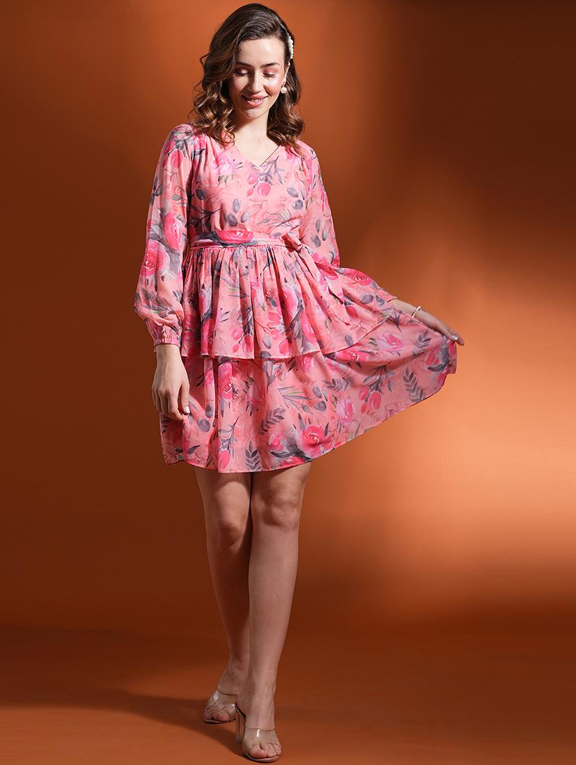 globus women peach floral print bishop sleeves v-neck waist tie-up fit & flare layered dress - 21463115 - Standard Image - 3