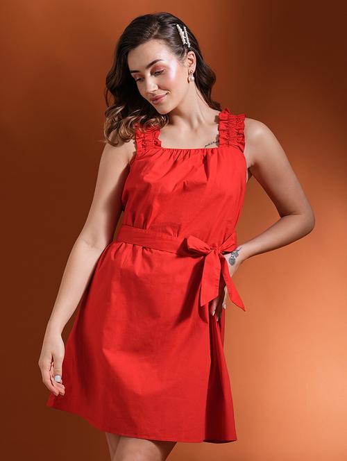 globus women red square neck ruched detail shoulder strap belted mini a-line dress - 21463116 - Standard Image - 0