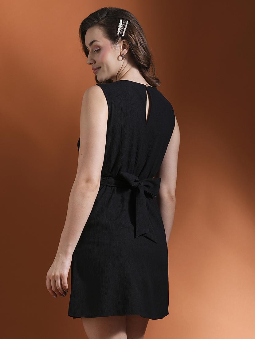 globus women black self design twisted wrap back tie-up mini a-line party dress - 21463118 - Standard Image - 3