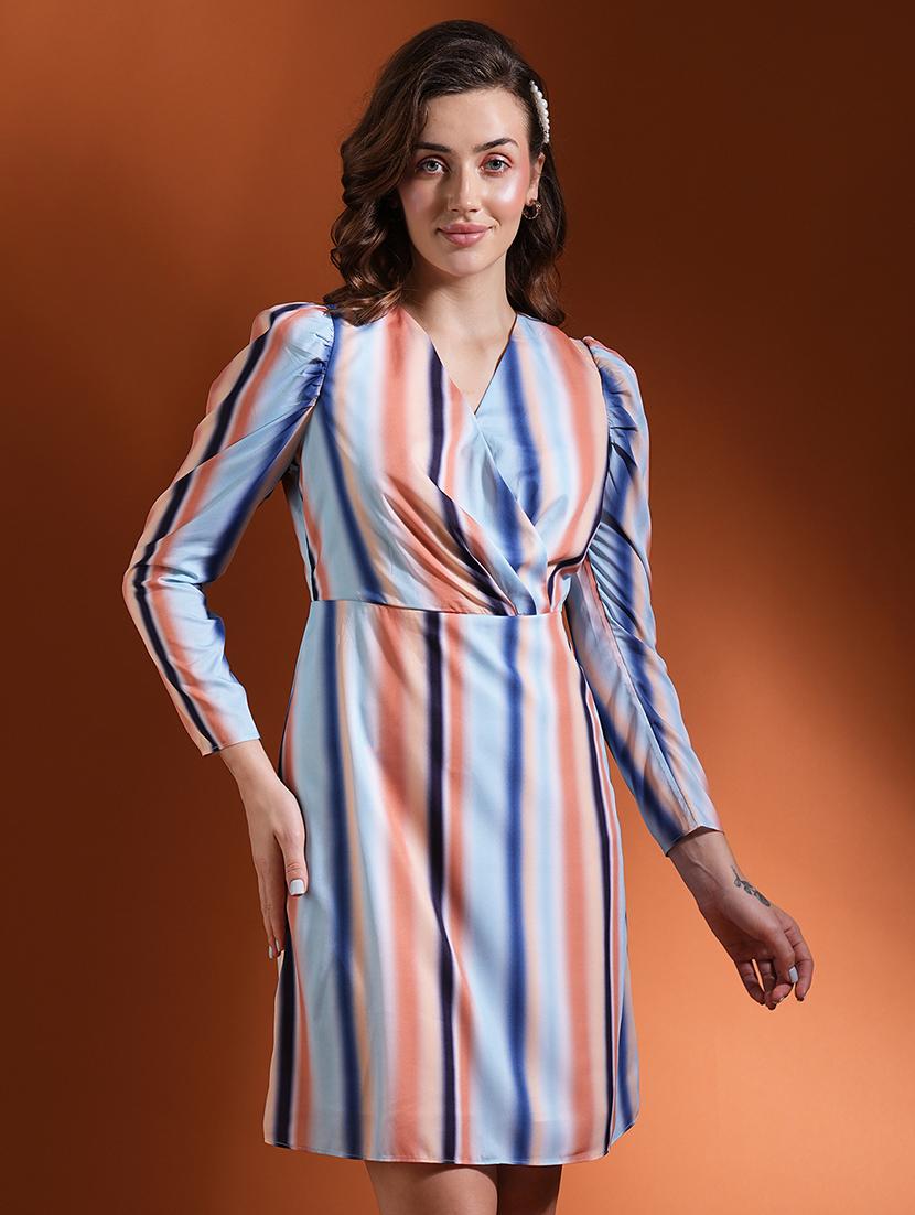 globus women multi colour candy striped long puff sleeve wrap neck sheath workwear dress - 21463124 - Standard Image - 5