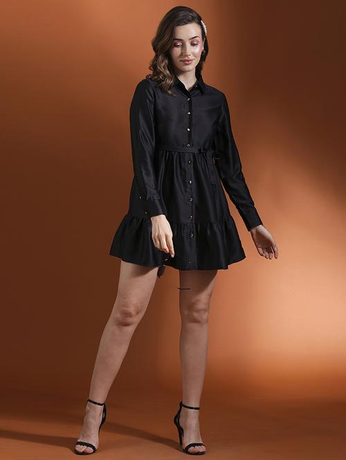 globus women black cuff sleeves shirt collar button down belted fit & flare mini party dress - 21463126 -  Standard Image - 0