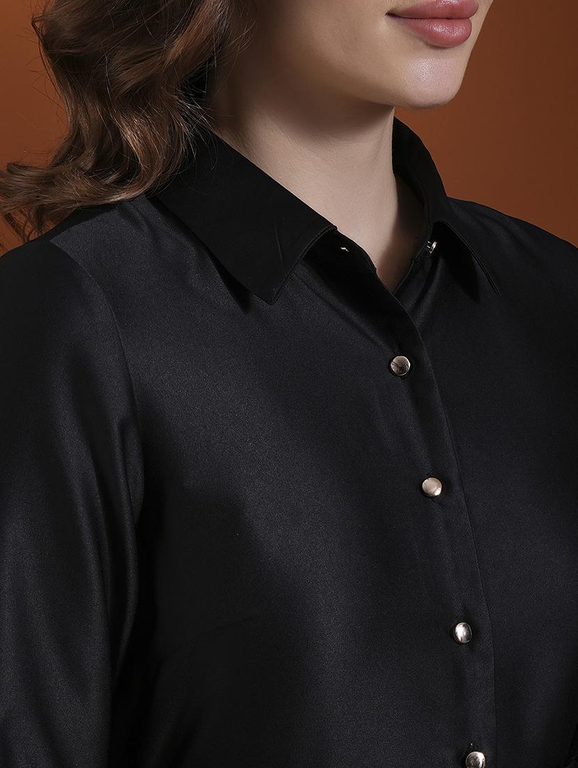 globus women black cuff sleeves shirt collar button down belted fit & flare mini party dress - 21463126 - Standard Image - 3