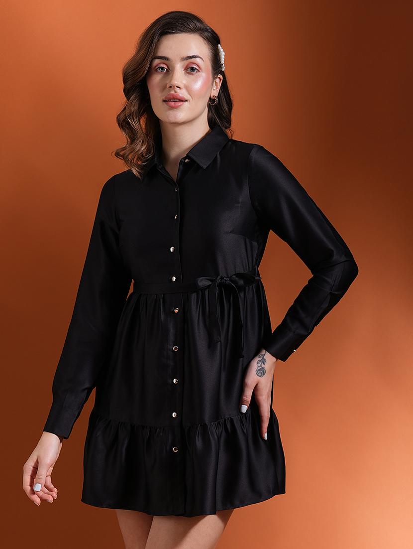 globus women black cuff sleeves shirt collar button down belted fit & flare mini party dress - 21463126 - Standard Image - 5