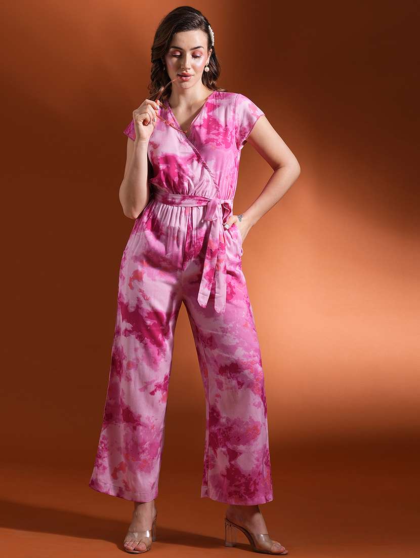 globus women pink tie- dye print wrap neck waist tie-up flared hem work wear jumpsuit - 21463128 -  Zoom Image - 0