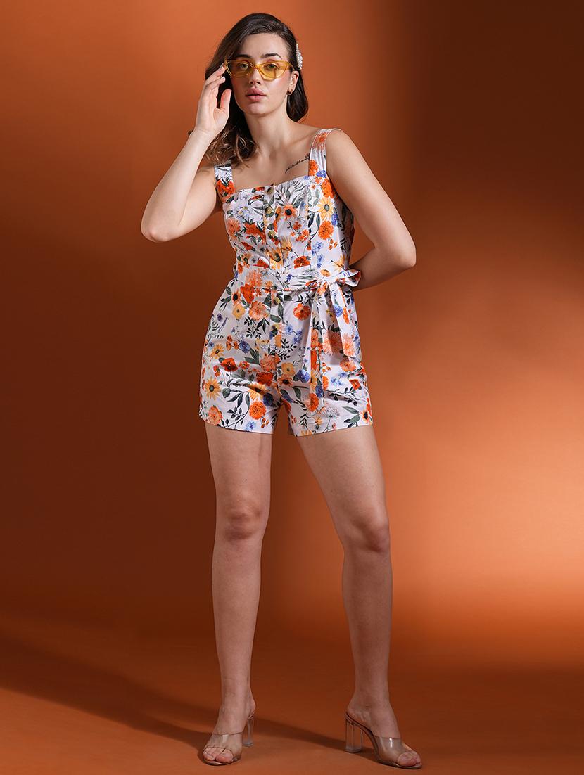 globus women white allover floral print sqaure neck strappy sleeves waist tie-up big button closure mini causal jumpsuit - 21463130 - Zoom Image - 0