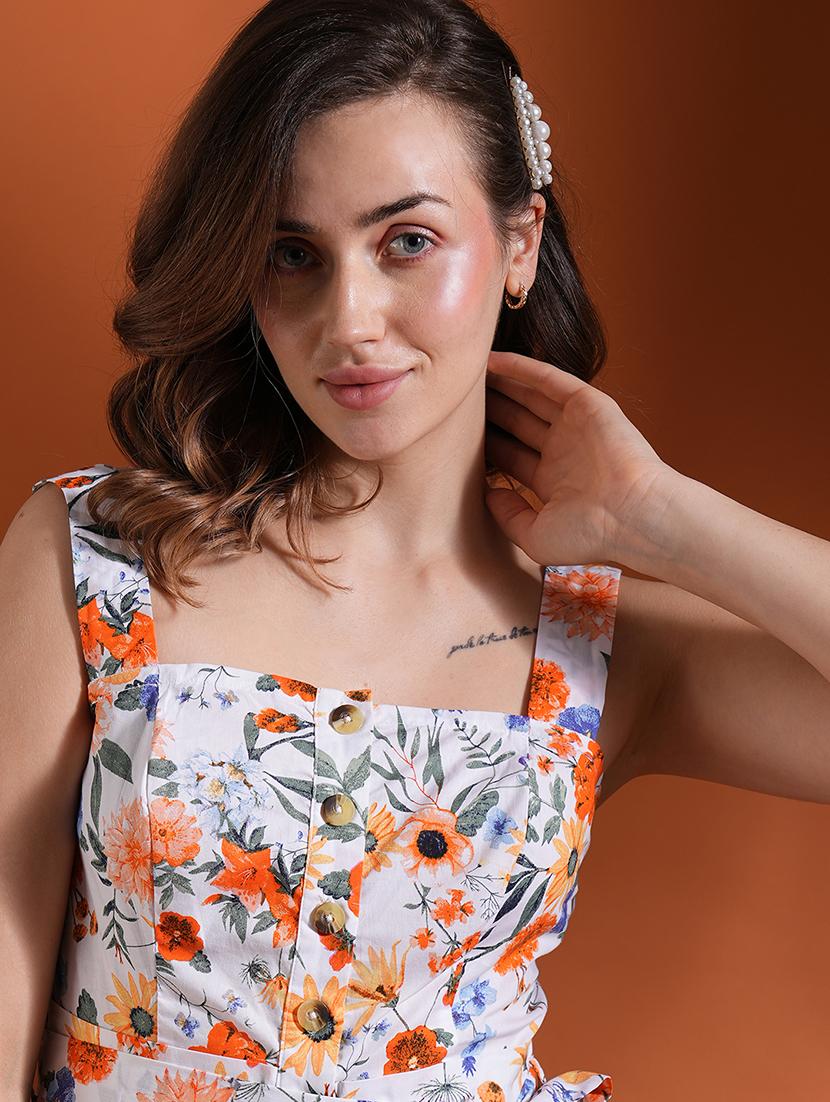 globus women white allover floral print sqaure neck strappy sleeves waist tie-up big button closure mini causal jumpsuit - 21463130 - Standard Image - 3