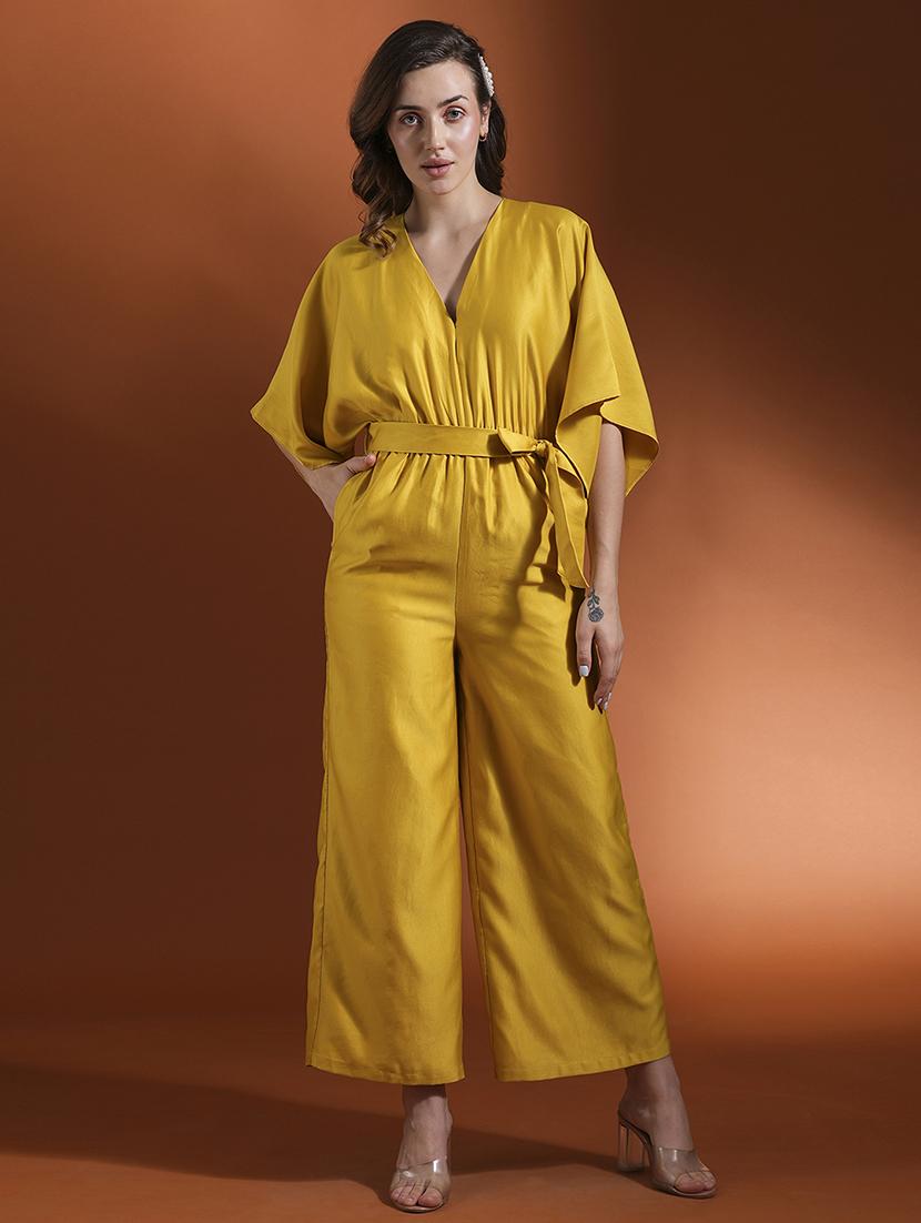globus women lime green v-neck kimono style extended sleeves waist tie-up flared hem work wear jumpsuit - 21463132 - Zoom Image - 0