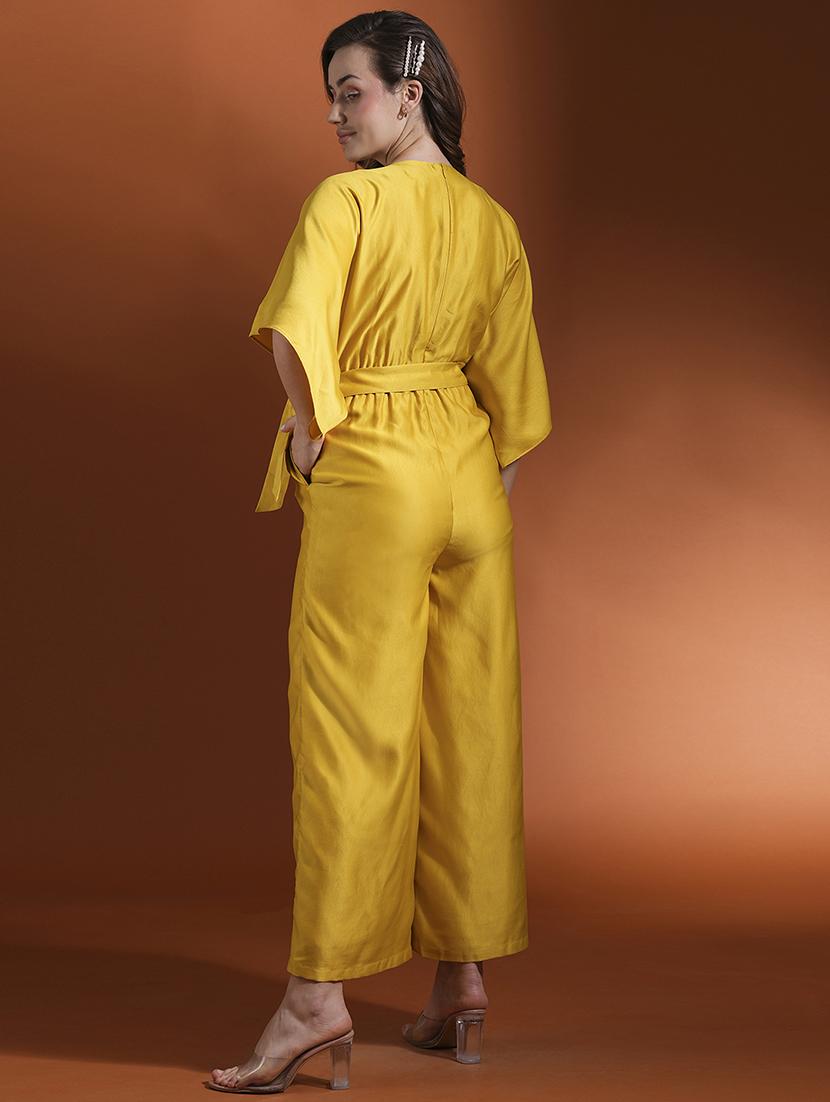 globus women lime green v-neck kimono style extended sleeves waist tie-up flared hem work wear jumpsuit - 21463132 - Standard Image - 3