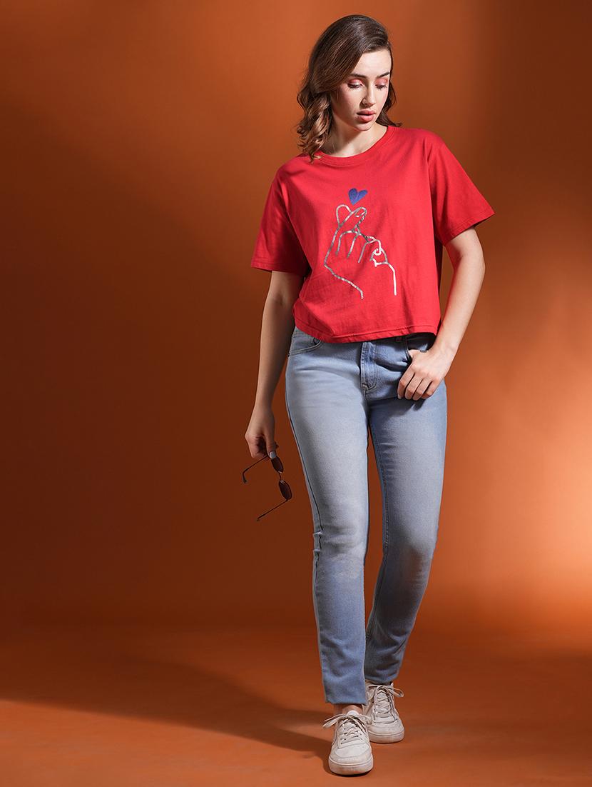 globus women red drop shoulder korean graphic printed oversized trendy crop t-shirt - 21463134 - Standard Image - 3