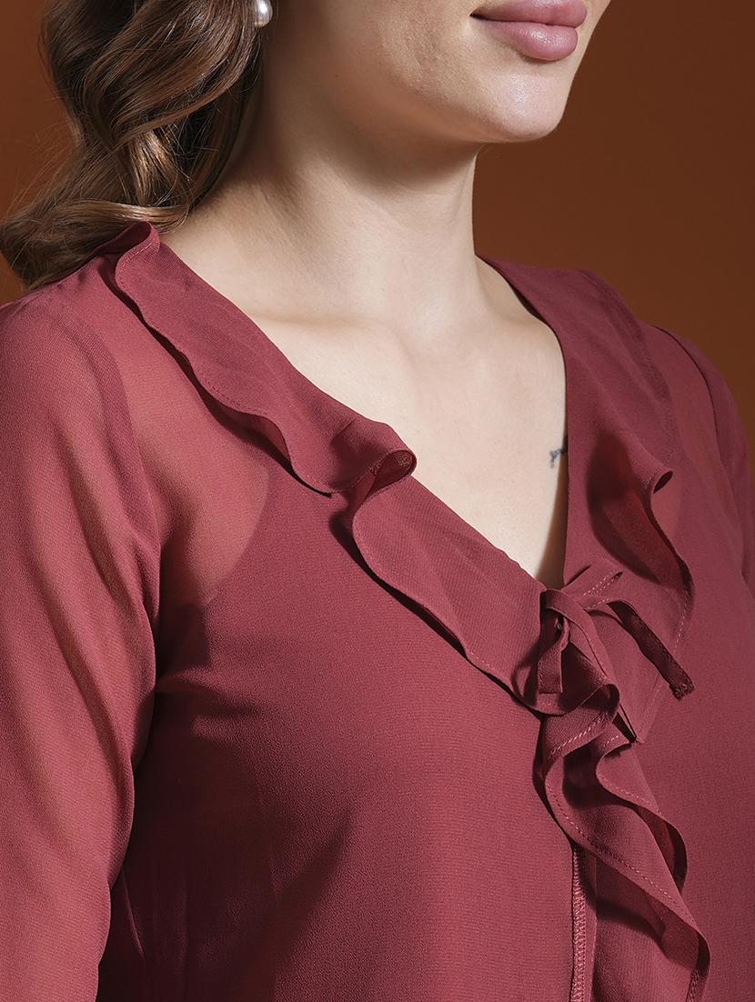 globus women maroon ruffles tie-up neck bell sleeves georgette party top - 21463137 - Standard Image - 3