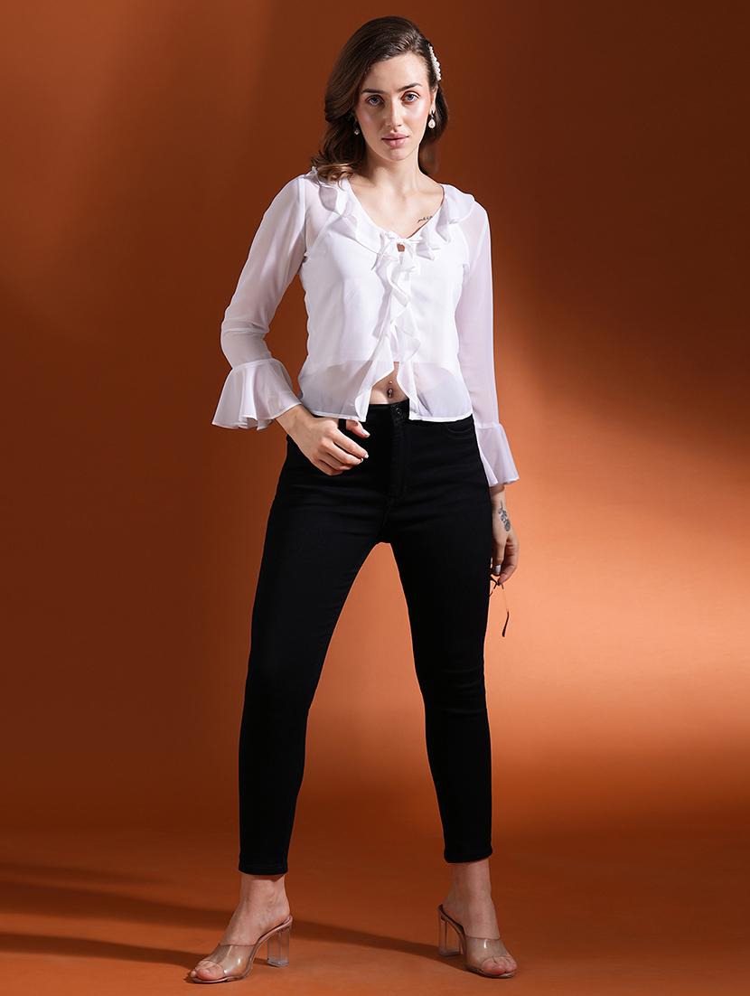globus women white ruffles tie-up neck bell sleeves georgette party top - 21463138 -  Zoom Image - 0