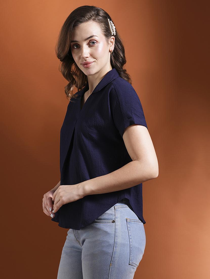 globus women navy blue shirt collar extended sleeves workwear top - 21463139 -  Zoom Image - 0