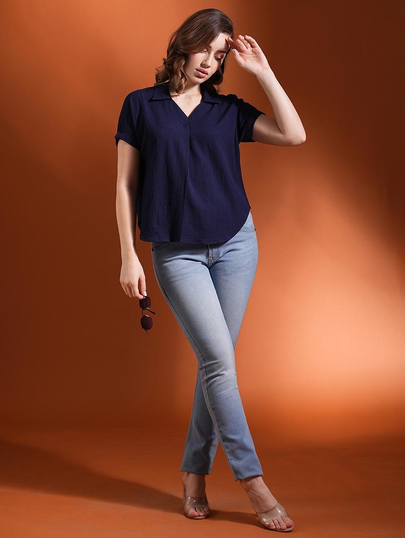 globus women navy blue shirt collar extended sleeves workwear top - 21463139 - Standard Image - 3