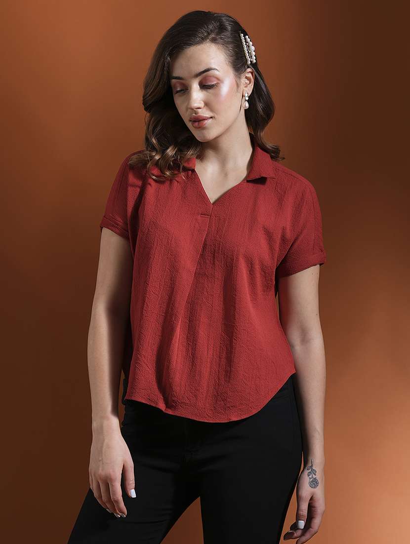 globus women rust shirt collar extended sleeves workwear top