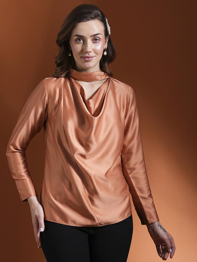 globus women rust cowl neck long cuffed sleeves stain workwear top - 21463141 - Zoom Image - 0