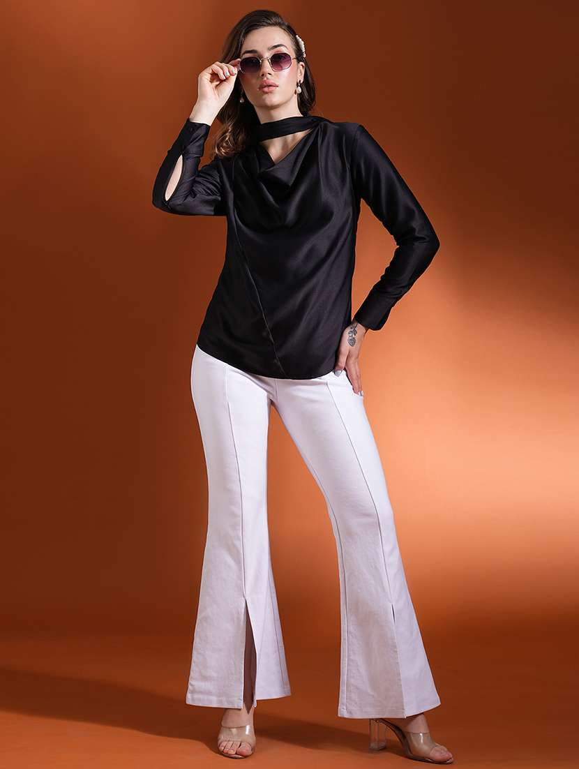 globus women black cowl neck long cuffed sleeves stain party top - 21463142 -  Standard Image - 3