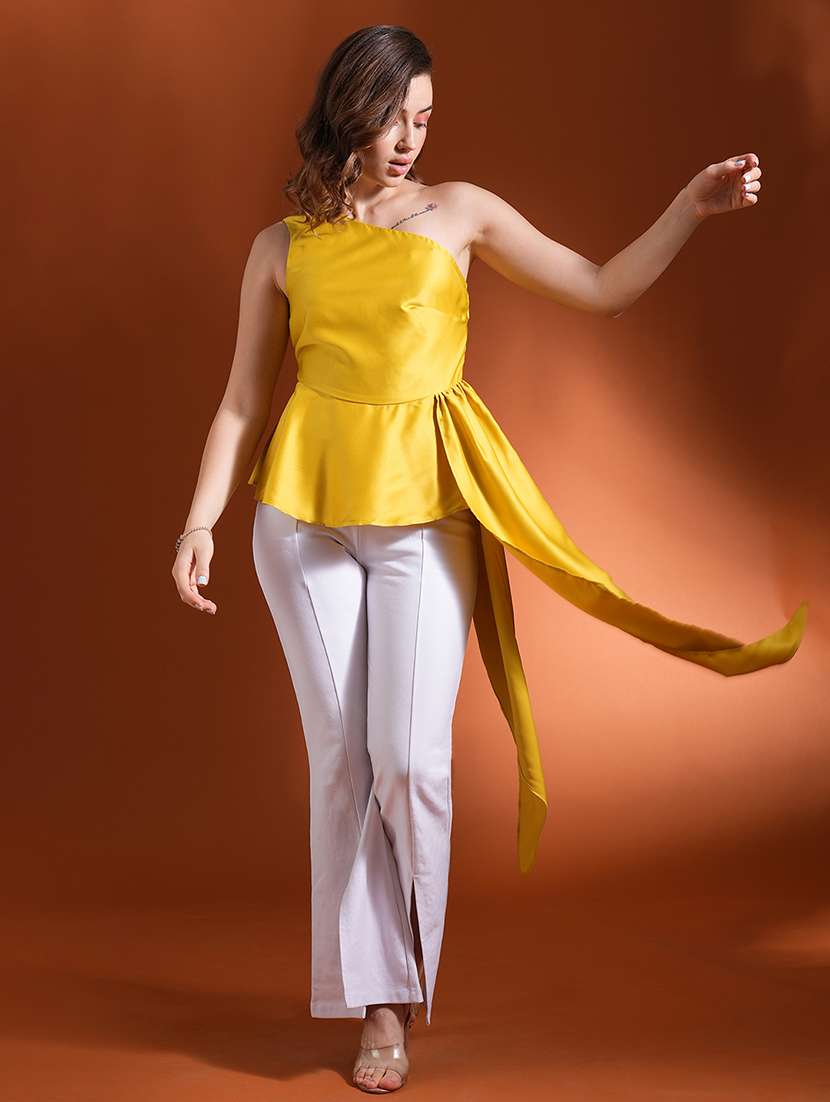 globus women lime green one shoulder waist style satin peplum party top - 21463153 -  Zoom Image - 0