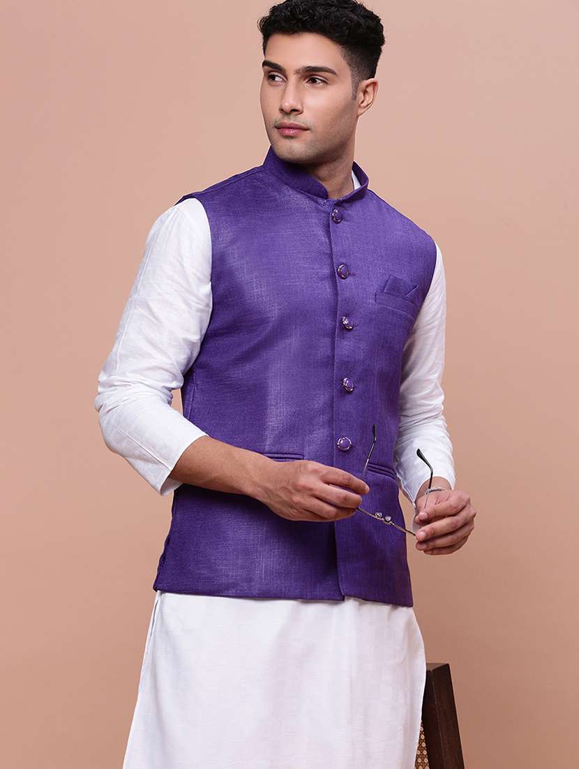 purple cotton blend nehru jacket - 21463315 -  Standard Image - 3