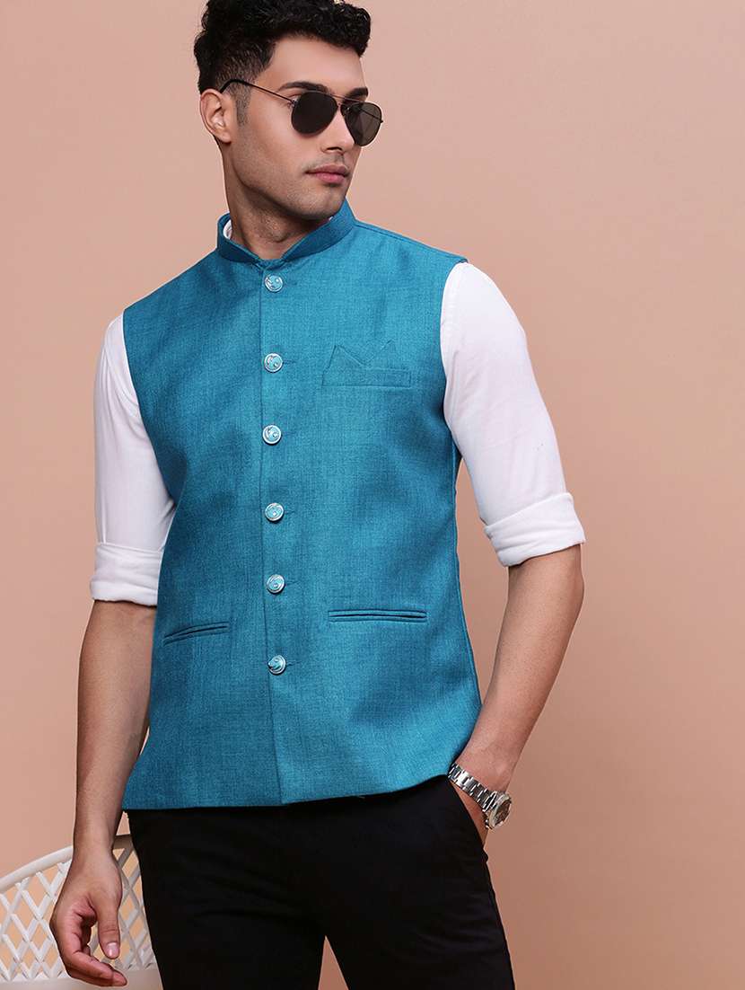 light blue solid nehru jacket - 21463349 -  Standard Image - 3