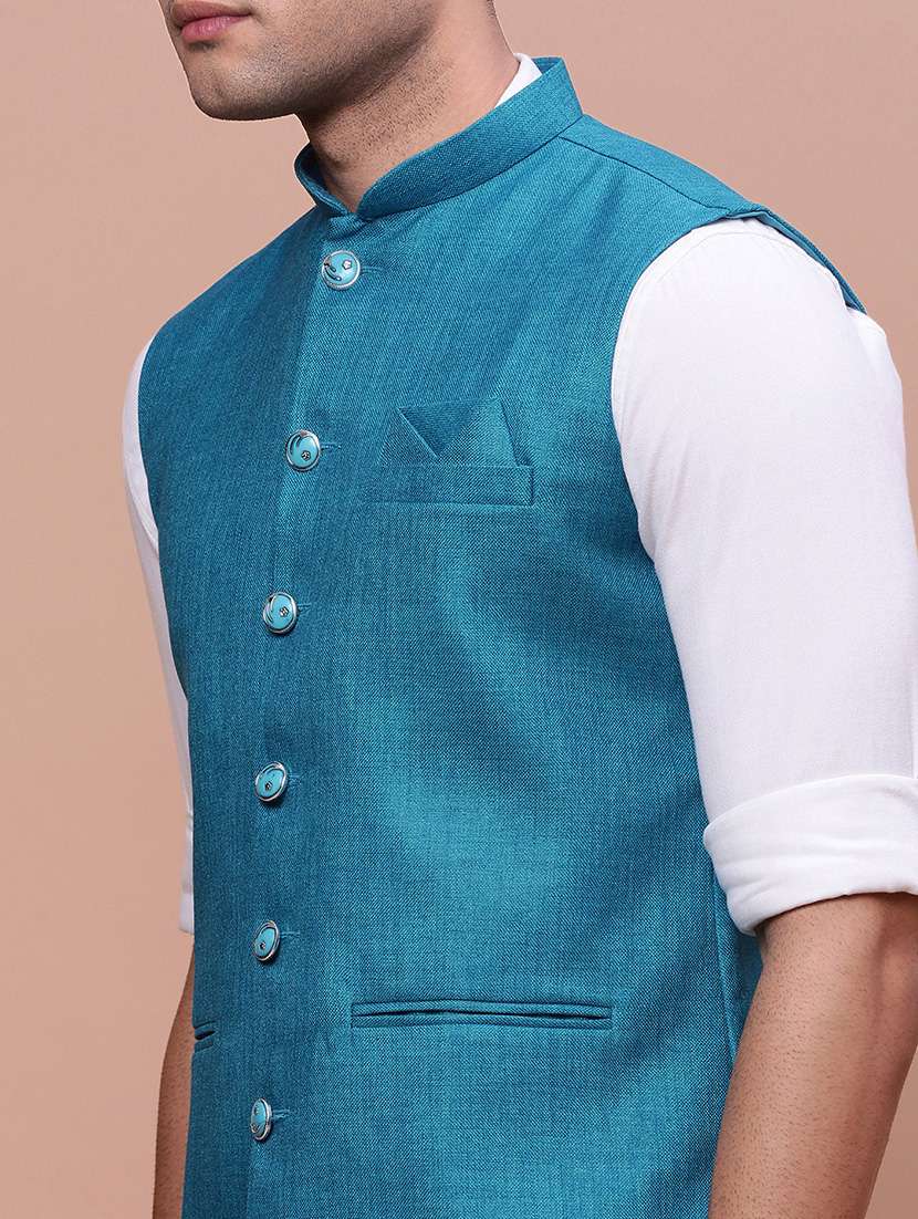 light blue solid nehru jacket - 21463349 -  Standard Image - 5
