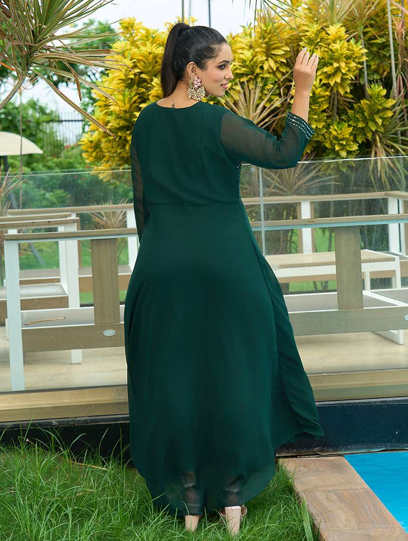 women sequence work three qaurter sleeves flared gown - 21463374 -  Standard Image - 3