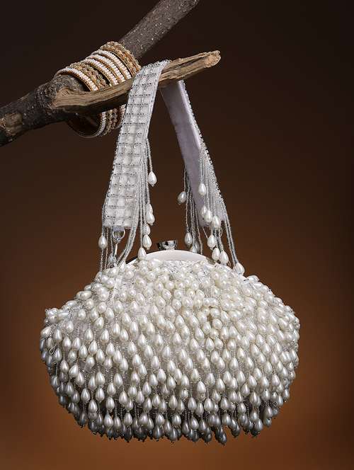 beige embellished silk pouch clutch