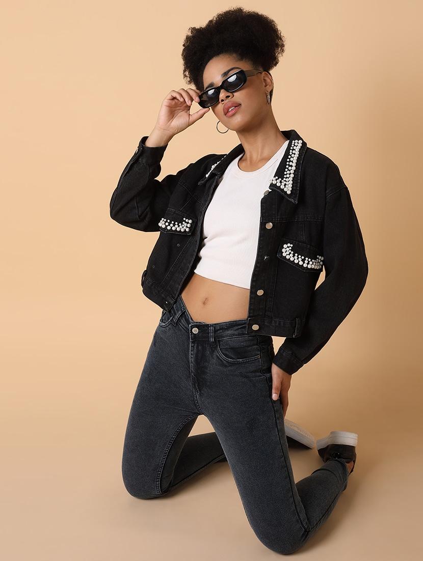 black denim jacket with embellished collar - 21463468 - Standard Image - 3