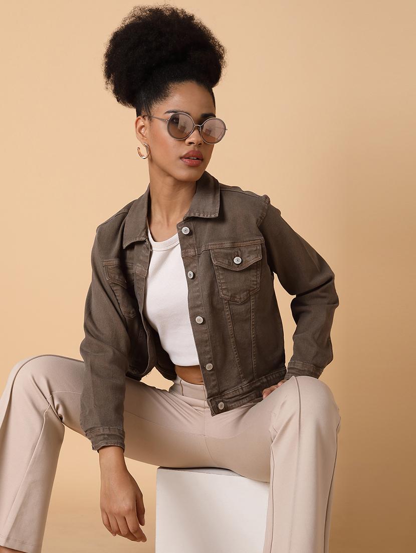 women brown long sleeves denim jacket - 21463470 - Standard Image - 3