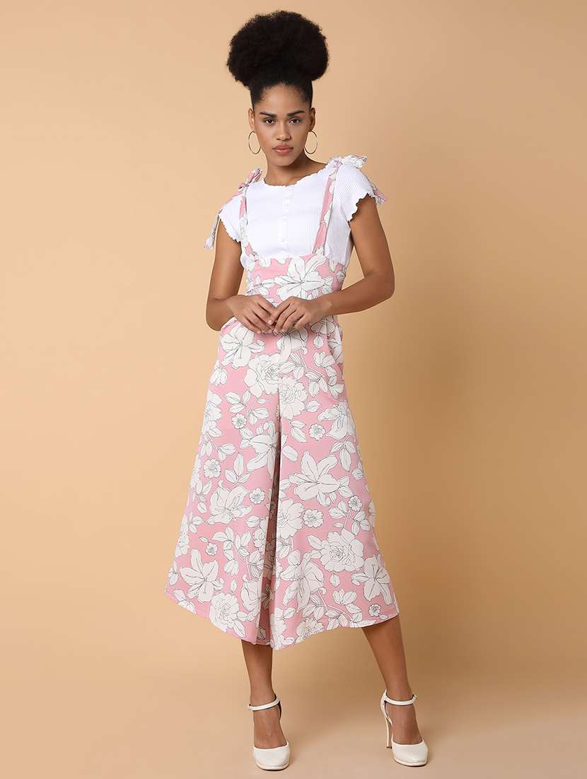 pink floral print calf length jumpsuit