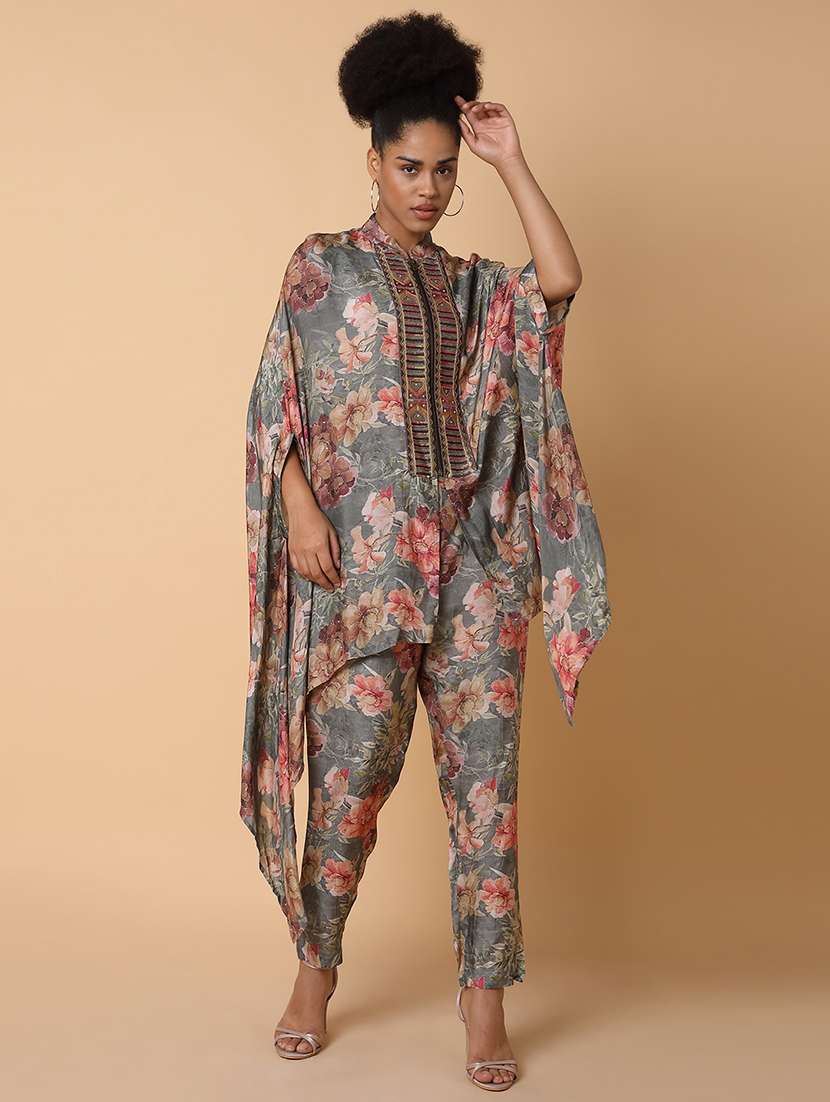 women floral printed mandarin neck fusion set