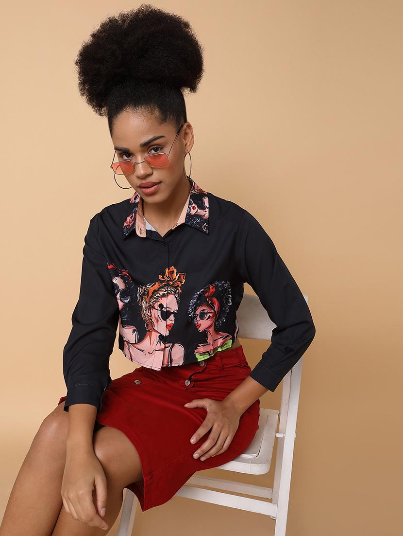 women printed long sleeves crop shirt - 21463502 - Standard Image - 3
