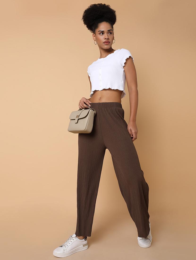 brown solid lycra wide leg trouser - 21463598 - Standard Image - 3