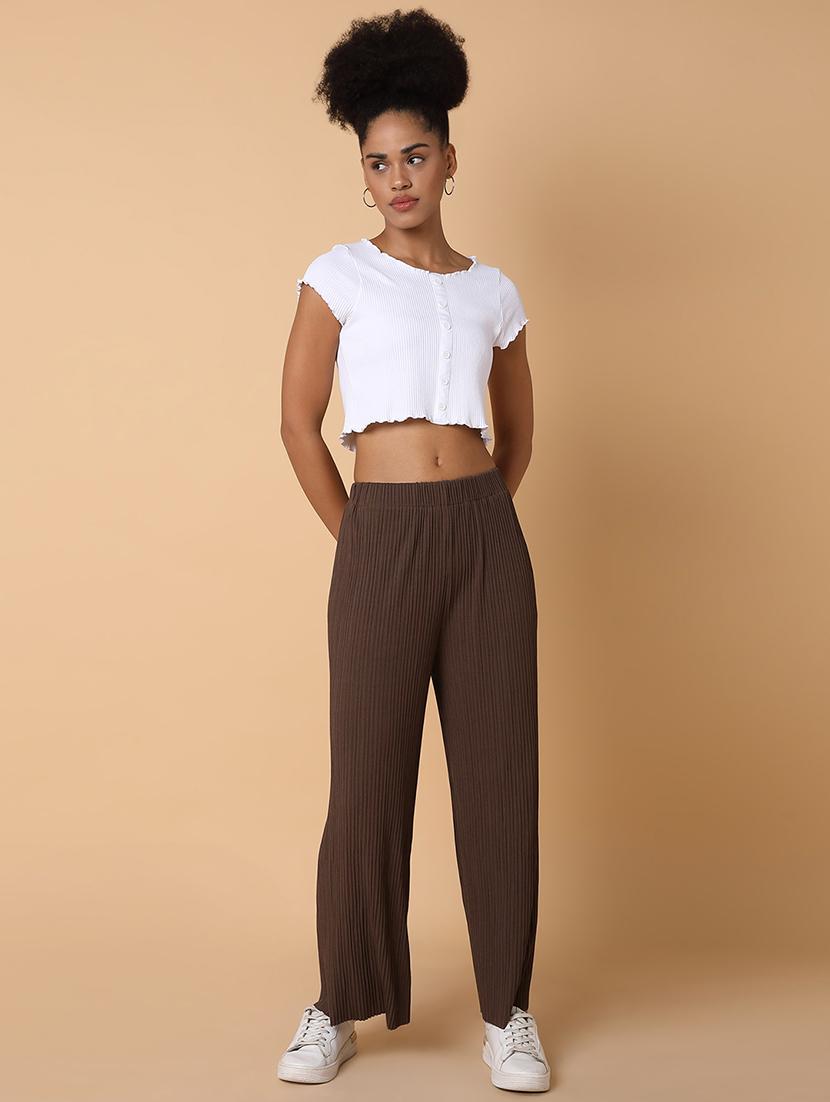 brown solid lycra wide leg trouser - 21463598 - Standard Image - 5