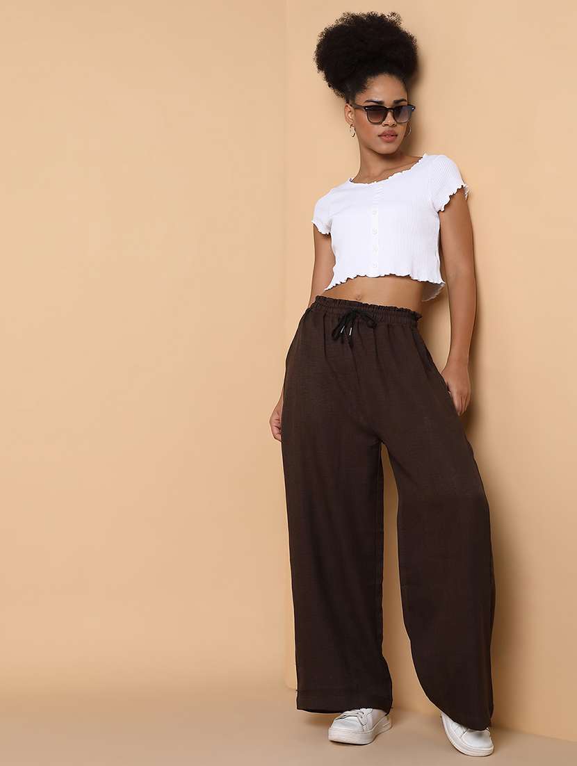 women solid high rise wide leg trouser - 21463612 -  Standard Image - 3