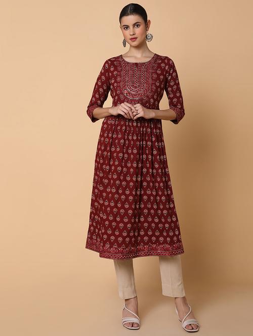 women three quarter sleeve flared kurta - 21463640 - Standard Image - 0