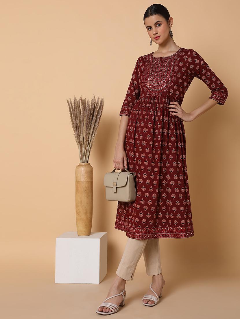 women three quarter sleeve flared kurta - 21463640 - Standard Image - 5