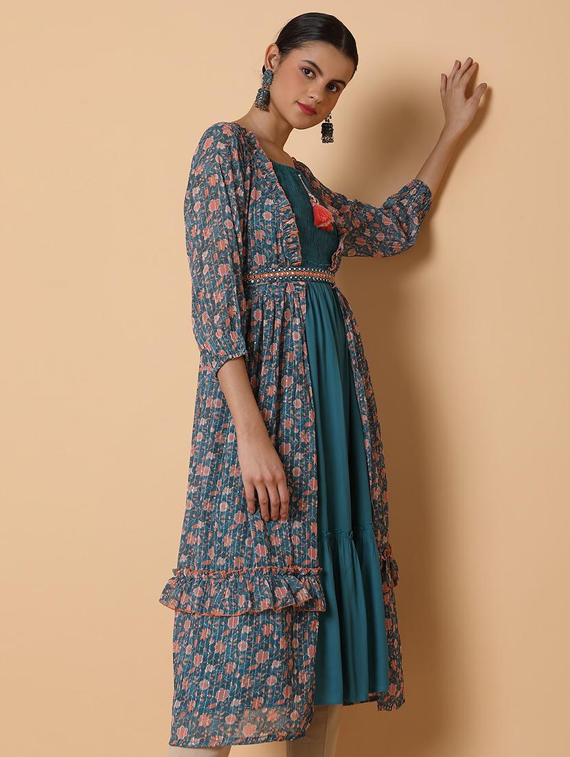 women solid shoulder strap kurta with jacket - 21463688 - Standard Image - 5