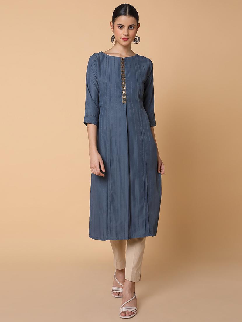 women three quarter sleeve straight kurta - 21463690 -  Zoom Image - 0