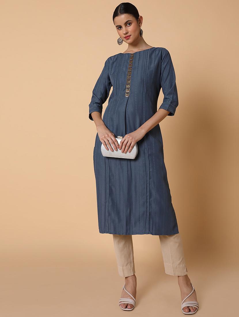 women three quarter sleeve straight kurta - 21463690 - Standard Image - 5