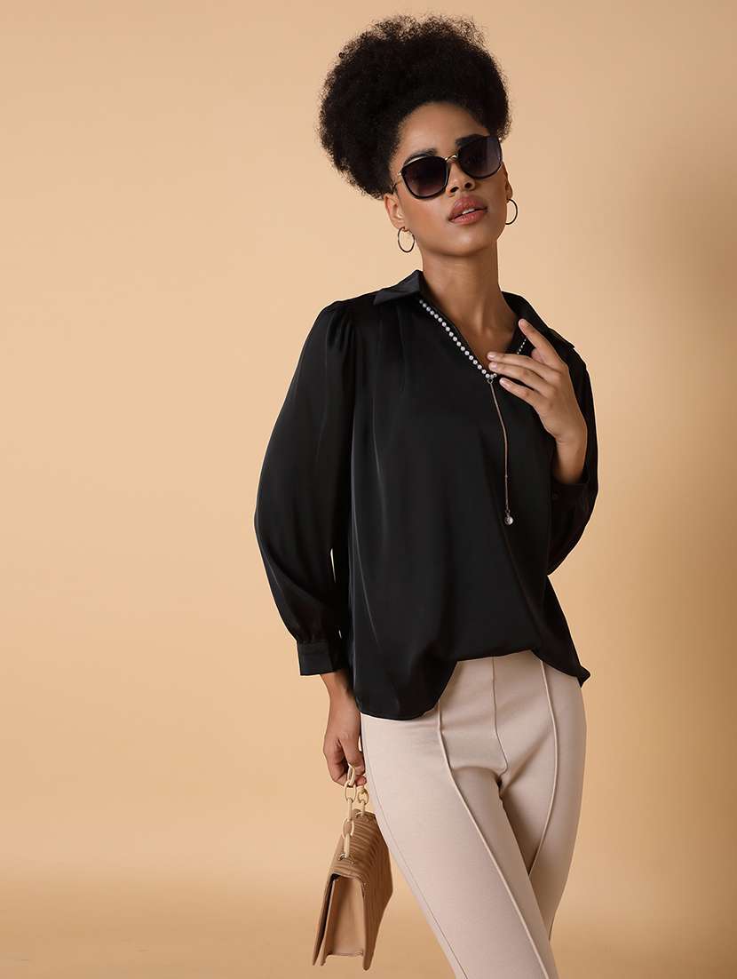 women solid collared long sleeves top - 21463714 -  Standard Image - 3