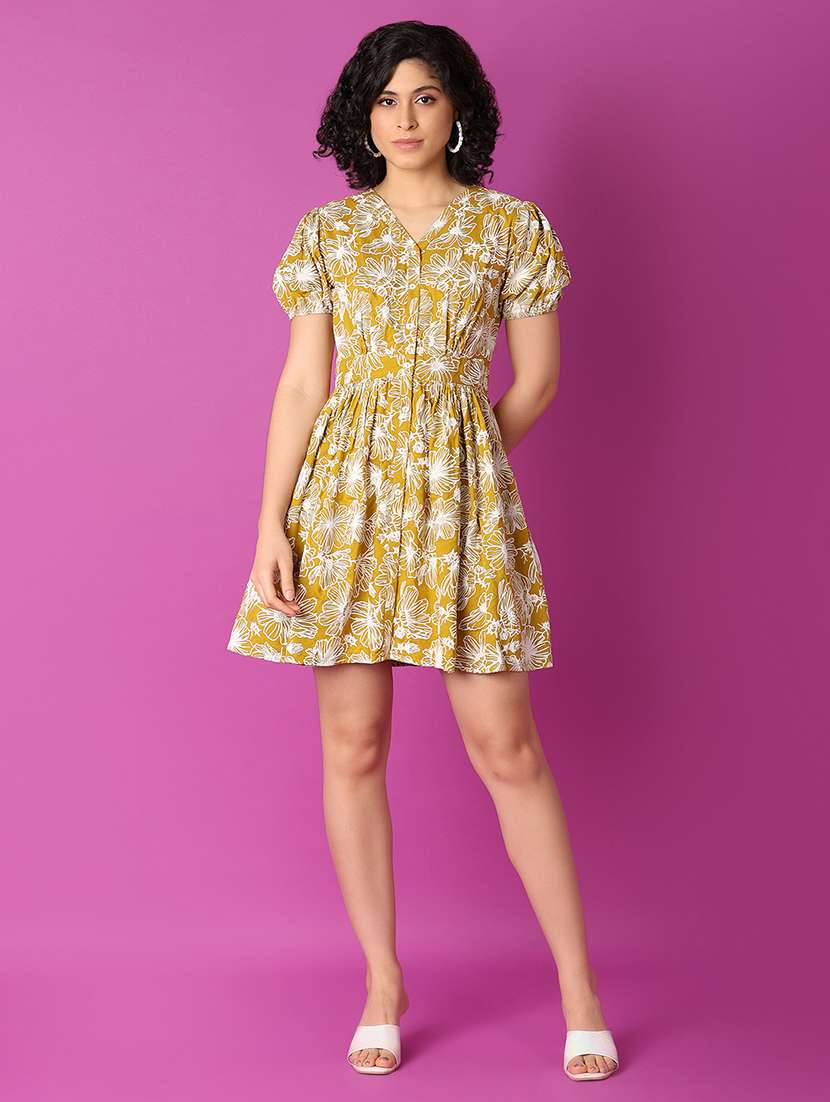 women mustard florals printed flared ethnic dress - 21464743 -  Standard Image - 3