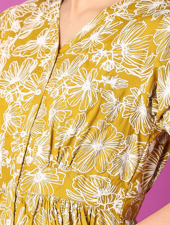women mustard florals printed flared ethnic dress - 21464743 -  Standard Image - 5