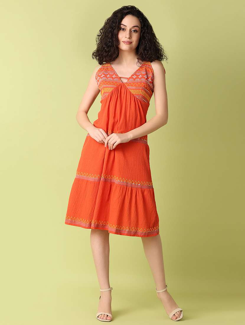 women orange embroidered tiered ethnic dress