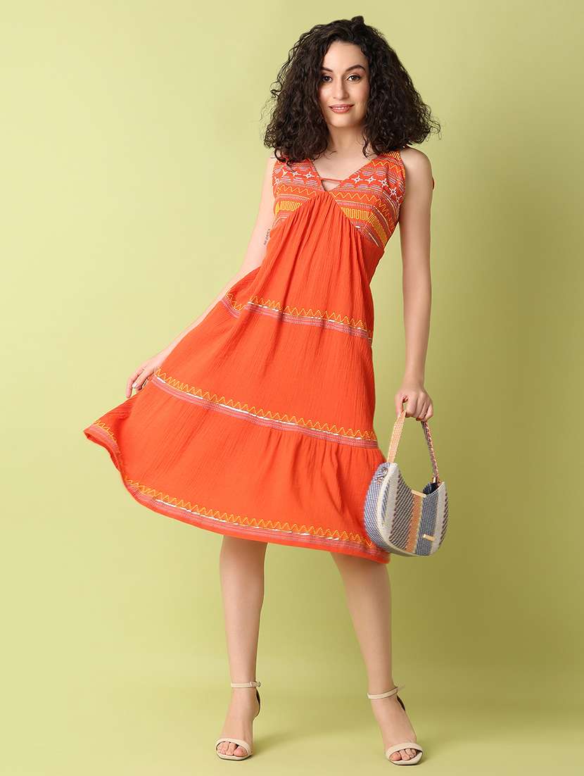 women orange embroidered tiered ethnic dress - 21464746 -  Standard Image - 3