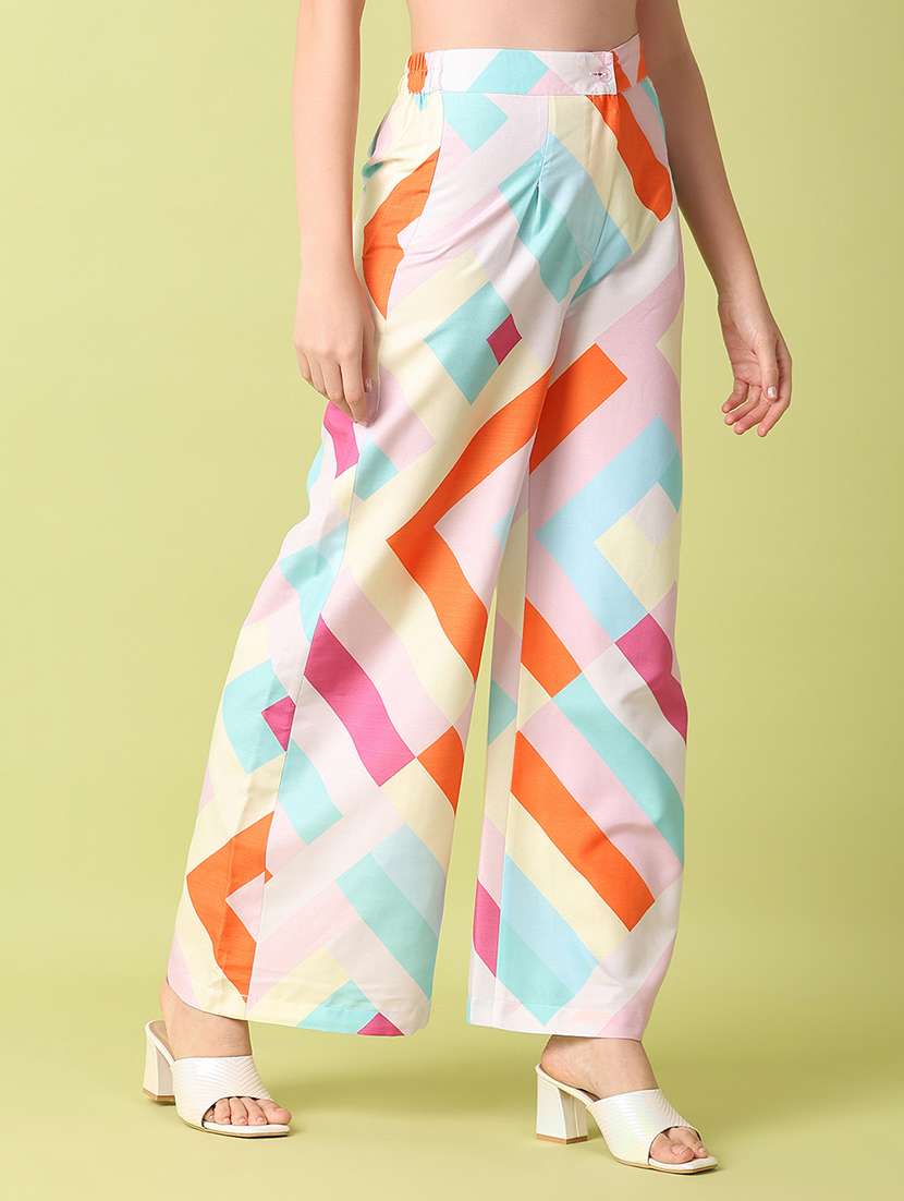 women mid-rise printed wide leg trouser