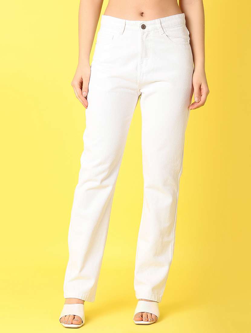 women solid mid rise straight fit jean